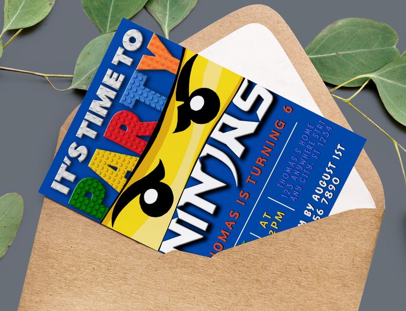 May include: A blue and yellow birthday party invitation with a Lego ninja theme. The invitation says "It's time to party" and "Thomas is turning 6".