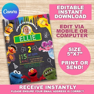 Faire-part d'anniversaire modifiable, Sesame Street, Invitation d'anniversaire à imprimer pour garçon et fille, Téléchargement immédiat, Toile