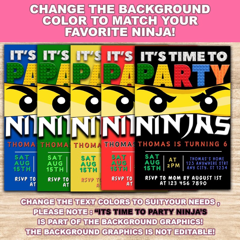 May include: A printable invitation for a child's birthday party. The invitation features a Lego-style ninja character with the text "It's Time to Party Ninjas!" and the words "Thomas is turning 6".