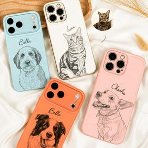 May include: Four phone cases in various colors: light blue, white, orange, and pink. Each case features a custom pet portrait with a name. The portraits include a dog and a cat.