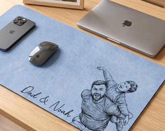 Personalized Portrait Sketch Desk Mat for Dad, Custom Photo Line Art Mouse Pad, Husband Office Gift, Father's Day Gift