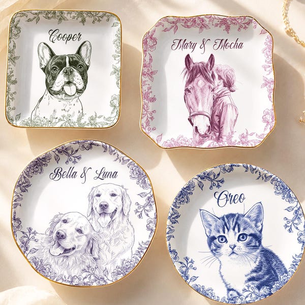 Custom Pet Portrait Jewelry Dish, Toile De Jouy Pet Ring Dish, Personalized Dog Cat Trinket Dish, Pet Lover Gift