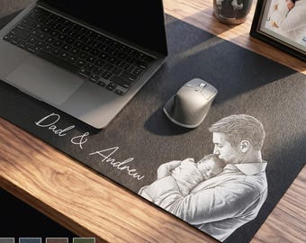 Custom 3D Engraved Effect Desk Mat, Personalized Photo Sketch Art Mouse Pad, 1st Father's Day Gift for Dad Husband, New Dad