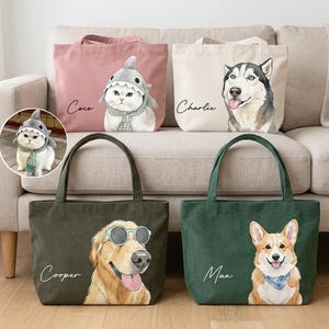 Custom Watercolor Pet Portrait Corduroy Tote Bag, Personalized Dog Cat Tote, Dog Portrait Bag, Pet Lover Gift