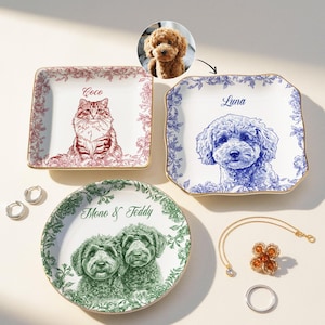 Custom Pet Portrait Jewelry Dish: Toile De Jouy Ceramic Trinket Dish