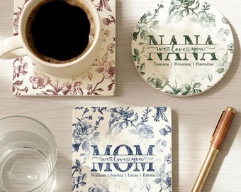 Personalized MOM Coaster with Names, Toile de Jouy Ceramic Coaster, Mother’s Day Gift for Mom or Grandma