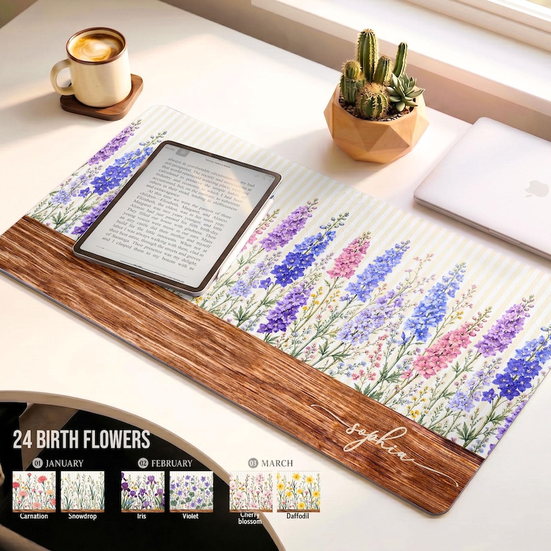 Personalized Birth Flower Desk Mat, Watercolor Custom Name Mouse Pad, Birthday Gift For Her, Coworker Teacher Office Decor