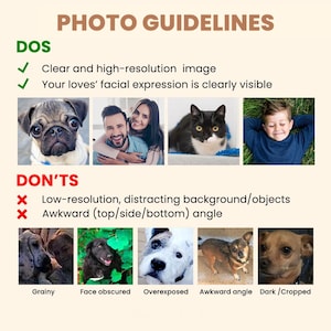 Puede incluir: Un gr&aacute;fico informativo titulado PHOTO GUIDELINES con secciones etiquetadas como DOS y DON'TS. Incluye ejemplos fotogr&aacute;ficos de mascotas y personas para ilustrar im&aacute;genes claras y de alta resoluci&oacute;n frente a fotos borrosas o con &aacute;ngulos deficientes.
