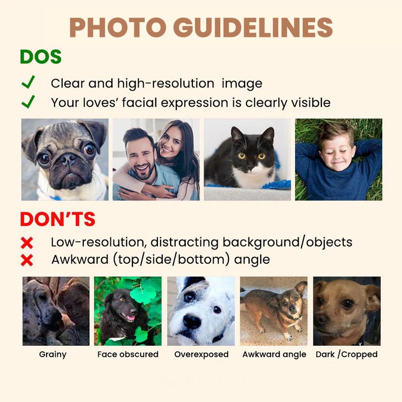 Puede incluir: Un gr&aacute;fico informativo titulado PHOTO GUIDELINES con secciones etiquetadas como DOS y DON'TS. Incluye ejemplos fotogr&aacute;ficos de mascotas y personas para ilustrar im&aacute;genes claras y de alta resoluci&oacute;n frente a fotos borrosas o con &aacute;ngulos deficientes.