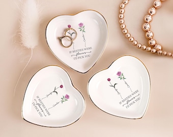 Plato de cerámica con forma de corazón para anillos, con diseño de flor de nacimiento personalizada, regalo para dama de honor.