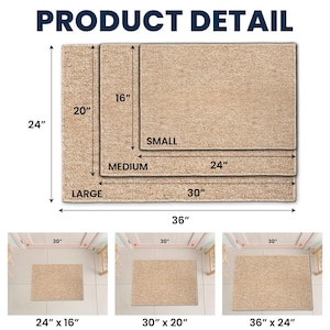 Puede incluir: Tres alfombrillas rectangulares de color tostado con textura, etiquetadas como peque&ntilde;a, mediana y grande. Las dimensiones se muestran con flechas: peque&ntilde;a 61x41 cm, mediana 76x51 cm y grande 91x61 cm. El texto PRODUCT DETAIL aparece arriba.