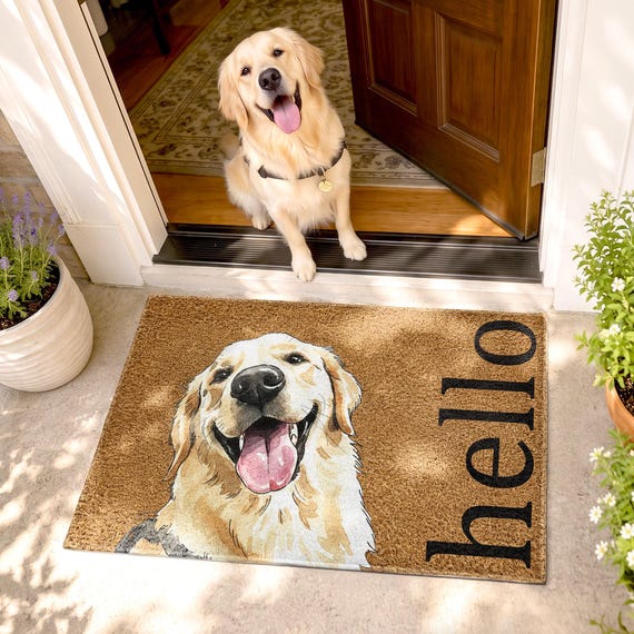 Custom Pet Portrait Watercolor Doormat, Personalized Dog Cat Welcome Mat, Pet Lover Gift, Family Dog Door Mat
