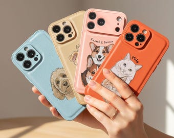Custom Pet Portrait iPhone Case, Vegan Leather Personalized Name Phone Cover