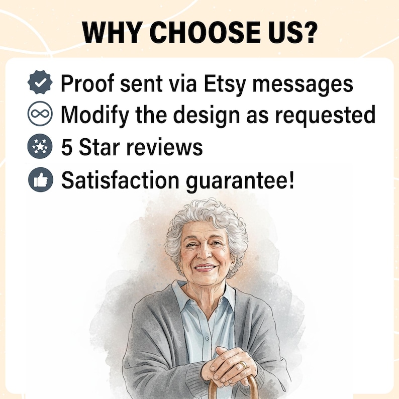 May include: An illustration featuring an elderly woman smiling, with text that reads "WHY CHOOSE US?" followed by bullet points: "Proof sent via Etsy messages," "Modify the design as requested," "5 Star reviews," and "Satisfaction guarantee!"