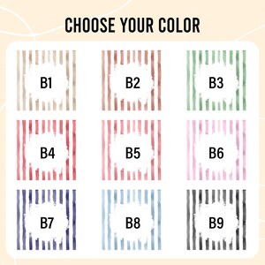 May include: An image with the text "CHOOSE YOUR COLOR" above nine color swatches. Each swatch features vertical stripes in various colors, including beige, red, green, pink, blue, and black. Each swatch has a white circle with a letter and number.