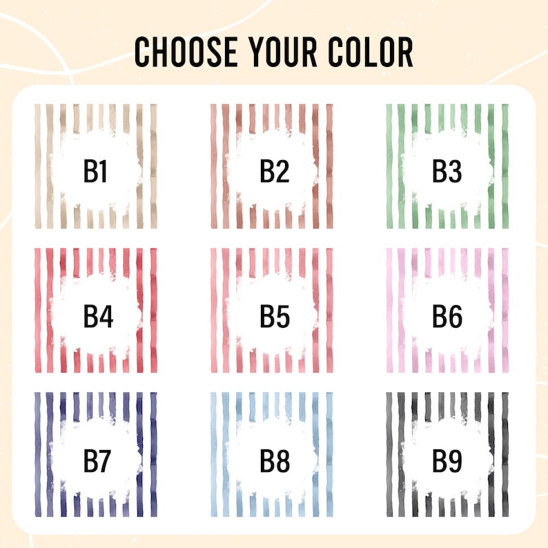 May include: An image with the text "CHOOSE YOUR COLOR" above nine color swatches. Each swatch features vertical stripes in various colors, including beige, red, green, pink, blue, and black. Each swatch has a white circle with a letter and number.