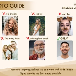 Peut inclure: Un guide photo avec des exemples de bonnes et de mauvaises photos. Le texte comprend "PHOTO GUIDE", "No straight", "Too far", "Use filter", "Too many faces", "Missing face detail", et "GREAT!". Le texte dit aussi "MESSAGE US ON ETSY".
