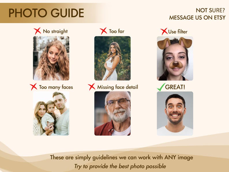 Peut inclure: Un guide photo avec des exemples de bonnes et de mauvaises photos. Le texte comprend "PHOTO GUIDE", "No straight", "Too far", "Use filter", "Too many faces", "Missing face detail", et "GREAT!". Le texte dit aussi "MESSAGE US ON ETSY".