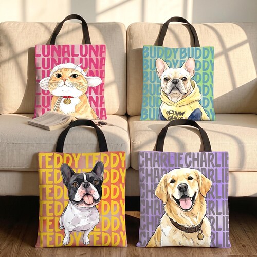 Benutzerdefinierte Haustier Porträt & Name Aquarell Einkaufstasche, personalisierte Hund Gesicht Tasche, Katze Tasche, Haustier Liebhaber Geschenk