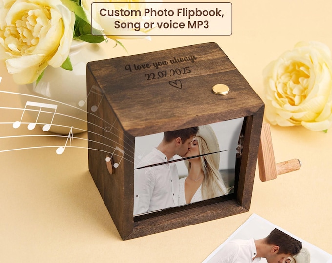 Custom Text & Photo Flipbook Music Box: Personalized Wooden Animation Album with Light