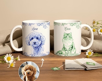 Custom Pet Portrait Mug: Toile De Jouy Style, Personalized Pet Memorial Gift