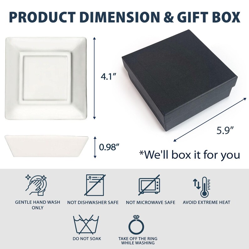 May include: A white square dish with a recessed center, measuring 4.1 inches wide and 0.98 inches deep, next to a black gift box, 5.9 inches long. The image includes care instructions: gentle hand wash only, not dishwasher or microwave safe, avoid extreme heat, do not soak.