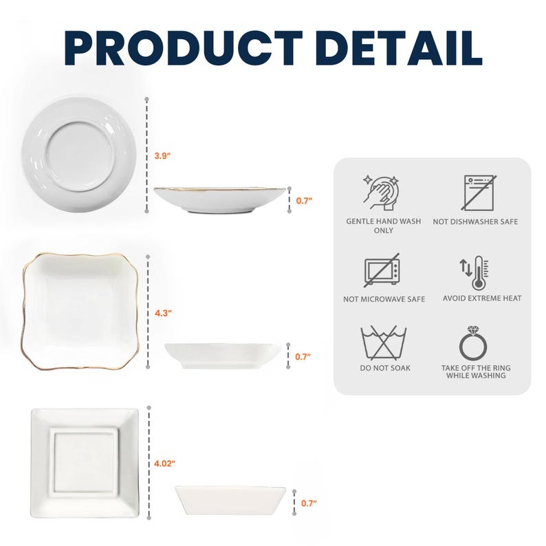 May include: White ceramic plates with gold trim, including round, scalloped, and square designs. The image shows dimensions in inches and care instructions: gentle hand wash only, not dishwasher or microwave safe, avoid extreme heat, do not soak.