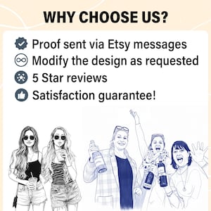 May include: An illustration with the text "WHY CHOOSE US?" and bullet points: Proof sent via Etsy messages, Modify the design as requested, 5 Star reviews, and Satisfaction guarantee! The image shows a group of women.