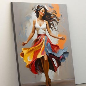 Lienzo de mujer bailando, vestido colorido, pintura al óleo con estampado de mujer, arte de pared para dormitorio, arte de mujer hermosa, regalo para hombres