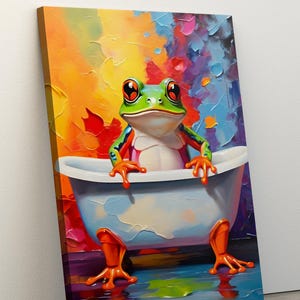 Grappige kikker in bad print poster, ingelijste canvas print, grappige badkamer muurdecoratie, kikker kunst aan de muur, poster leuke dieren, poster leuke dieren, kikker decor, Kerstmis