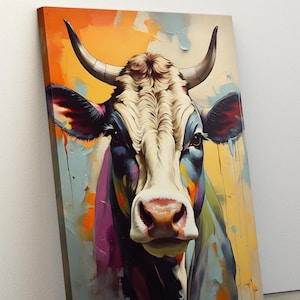 Abstrakte Kuh Tier Ölgemälde, Leinwand Wandkunst, gerahmte Leinwand, Haus Büro Zimmer Dekor Geschenk, fertig zum Aufhängen, lustige Kuh Poster, Badezimmer Kunst