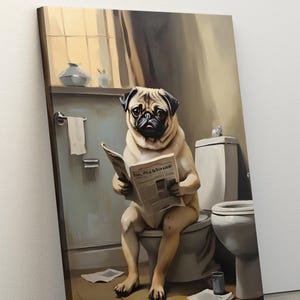 トイレに座って新聞を読んでいるパグ、面白いバスルームの壁アート、動物のプリント、面白いバスルームの壁アート、面白い犬、動物のプリントのギフト