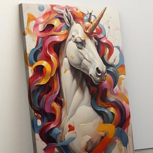 Golden Horned Unicorn With Colorful Mane Painting on Canvas, Unicorn Wall Art, Nursery Art, Girls Room Decor, Unicorn Poster, Christmas Gift