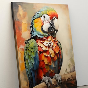 Colorful Parrot Oil Painting Canvas, Abstract Tropical Birds Canvas Wall Art, Vibrant Parrots Portrait Decor, Ready to Hang, Kids Room Decor