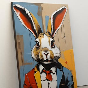 Lienzo abstracto de conejo para pared, pintura al óleo abstracta colorida, retrato de animal, decoración de guardería, arte de pared de conejo, póster de conejo para regalar