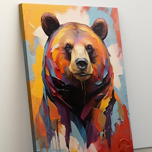 Impresión de pintura al óleo abstracta de oso pardo sobre lienzo enmarcado, pintura de animales, decoración de pared de oso, impresión de oso pardo, arte de lienzo grande