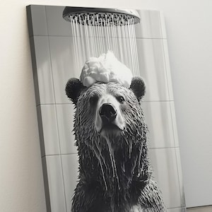 Bear Wall Art, Poster or Canvas, Funny Bathroom Decor, Bear Taking a Shower in the Bathroom, Animal Humor in the Toilet Wall Decor