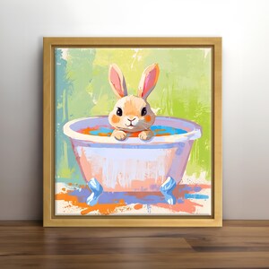 Impresión de conejo para guardería, pintura de conejo bebé, arte de impresión de conejo sentado en la bañera, decoración de guardería, impresión de guardería para niñas, decoración de arte para habitación de bebé