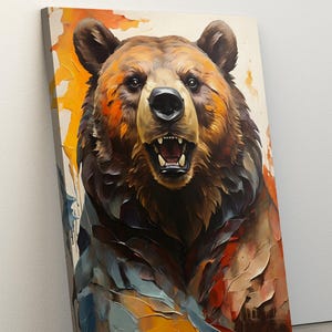 Brown Grizzly Bear Oil Painting Print on Framed Canvas, Modern Dining Room, Minimalist Cute Animal Wall Art, Bear Wall Decor , Bear Wall Art