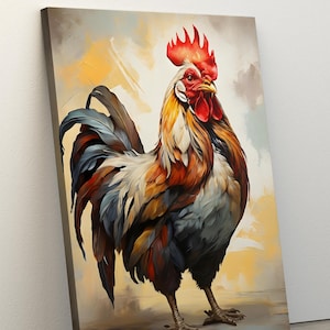 Rooster Print Canvas, Chicken Oil Painting, Farmhouse Wall Décor, Farm Animals Artwork, Golden Framed, Black Framed, White Framed, Gifts Art