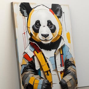 Peinture à l'huile abstraite animal panda coloré, toile encadrée, peinture panda, décoration de salon, cadeau panda amusant, oeuvre d'art pour chambre d'enfant, cadeaux de Noël