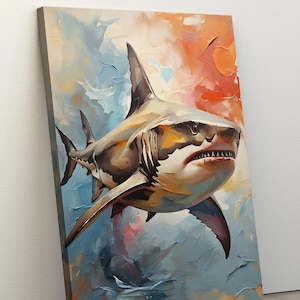 Angry Shark Colourful Painting, Wall Art Canvas, Home Decor Animal, House Wall Decor, Shark Poster, Abstract Shark Print, Wall Hanging Decor
