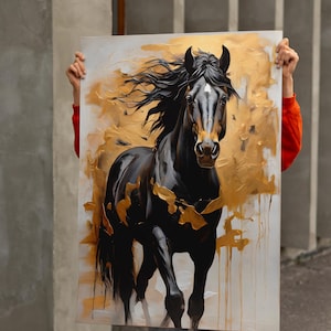 Schönes Pferd Gemälde, großes Wandbild, Tierdruck Kunst, Pferdeliebhaber, Print Poster, schwarzes Pferd Dekor, fertig zum Aufhängen