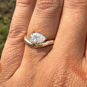 East West Pear Cut Lab Grown Diamond Solitaire Ring, 18K Yellow Gold Unique Curved Band IGI Certified Diamond Engagement Ring