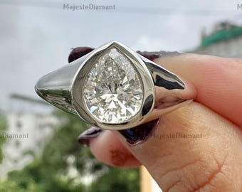 1.50CT IGI Certified Pear Cut Solitaire Diamond Ring, 14K White Gold Pear Full Bazel Engagement Ring, Dome Style Ring, Gift For Mothers