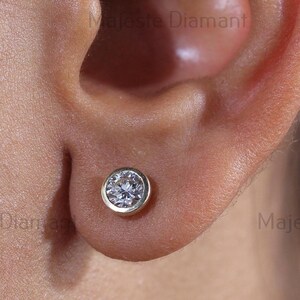 Round Lab Grown Diamond Bezel Earrings Stud Earrings Gold Ready to ship Earrings for Gift