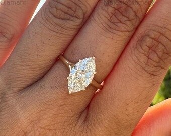 Anillo solitario de cuerpo dividido con diamante cultivado en laboratorio de talla marquesa, anillo de bodas de oro amarillo macizo de 14 quilates con certificación GIA, anillo de propuesta de un diamante