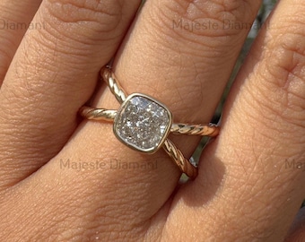 Cushion Cut Lab Created Diamond Full Bezel Solitaire Ring, 10K Solid Yellow Gold Twisted Double Band Ring, CVD Diamond Unique Wedding Ring
