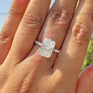 4.00CT Radiant Cut Lab Created Diamond Solitaire With Accent Ring, 14K Solid White Gold Compass Prong Ring, Hidden Halo Diamond Wedding Ring