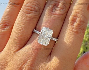 4.00CT Radiant Cut Lab Created Diamond Solitaire With Accent Ring, 14K Solid White Gold Compass Prong Ring, Hidden Halo Diamond Wedding Ring